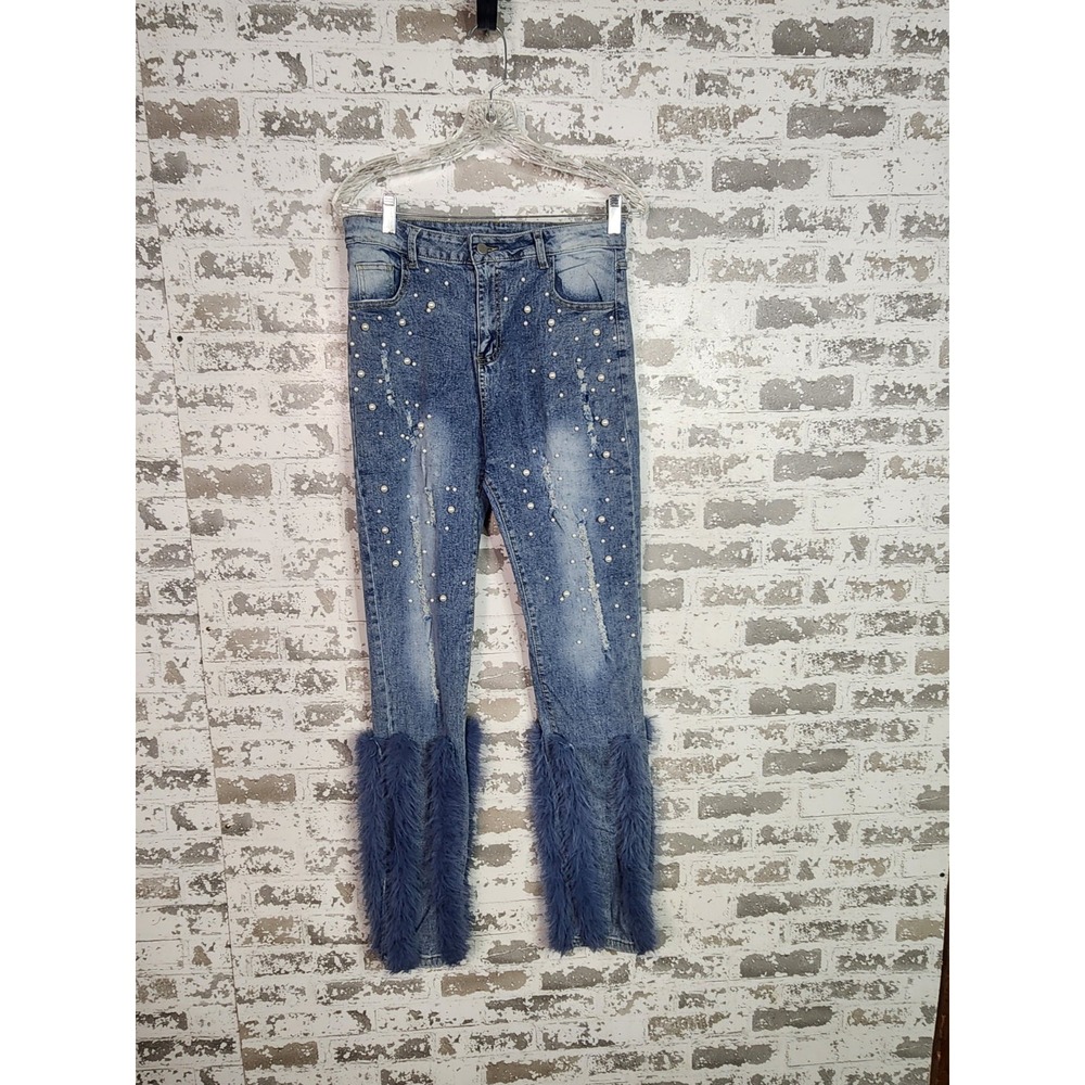 Boho Beaded Distressed Pearl Embellish Feather Hem Flare Jeans Size 28 Blue Y2K